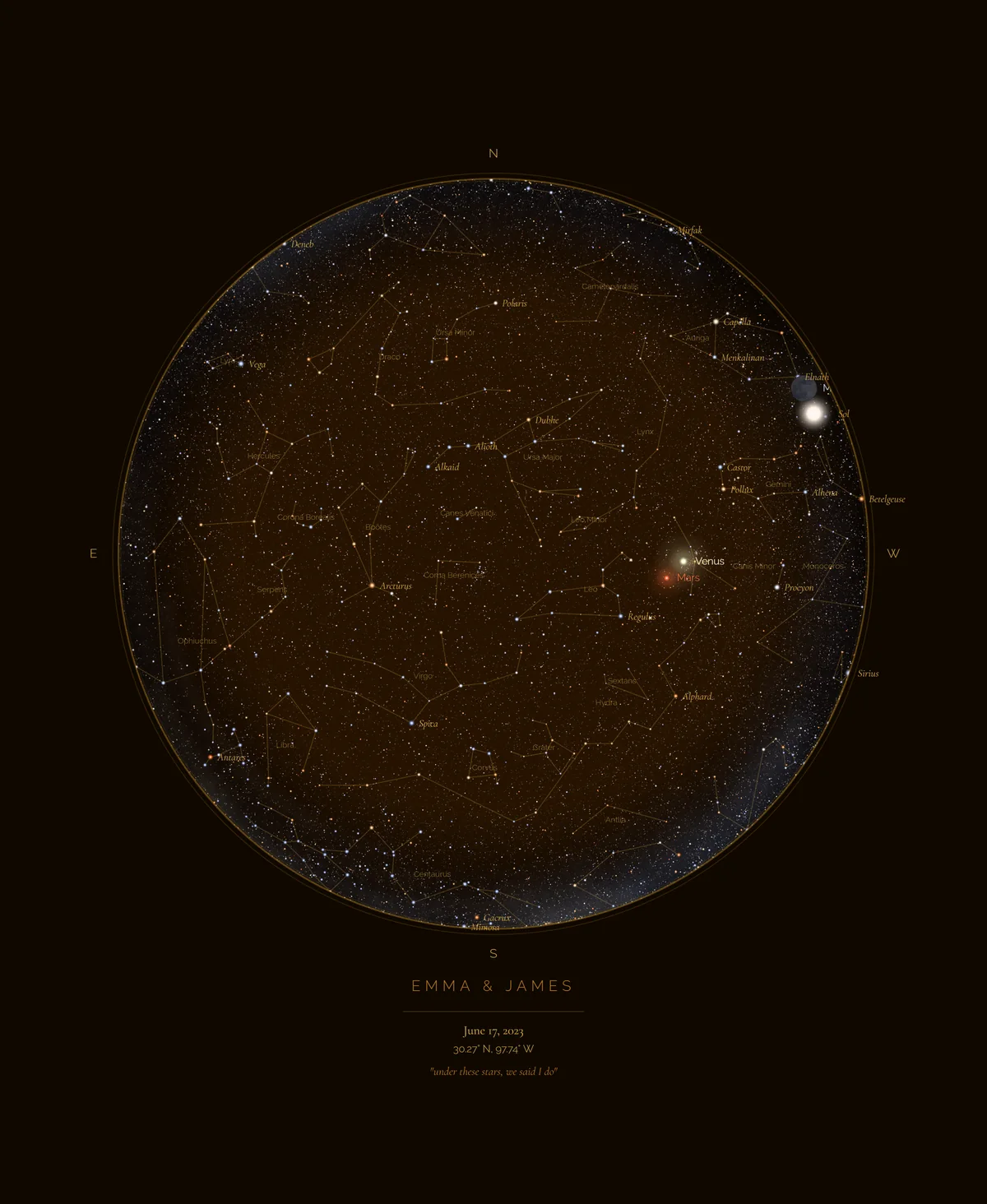 Custom star map of the sky on a wedding night