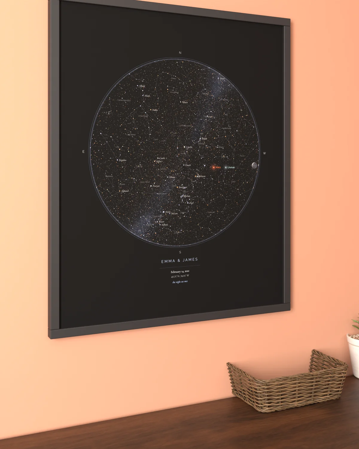 Up close: StarMap print framed in a terracotta wall above a sideboard