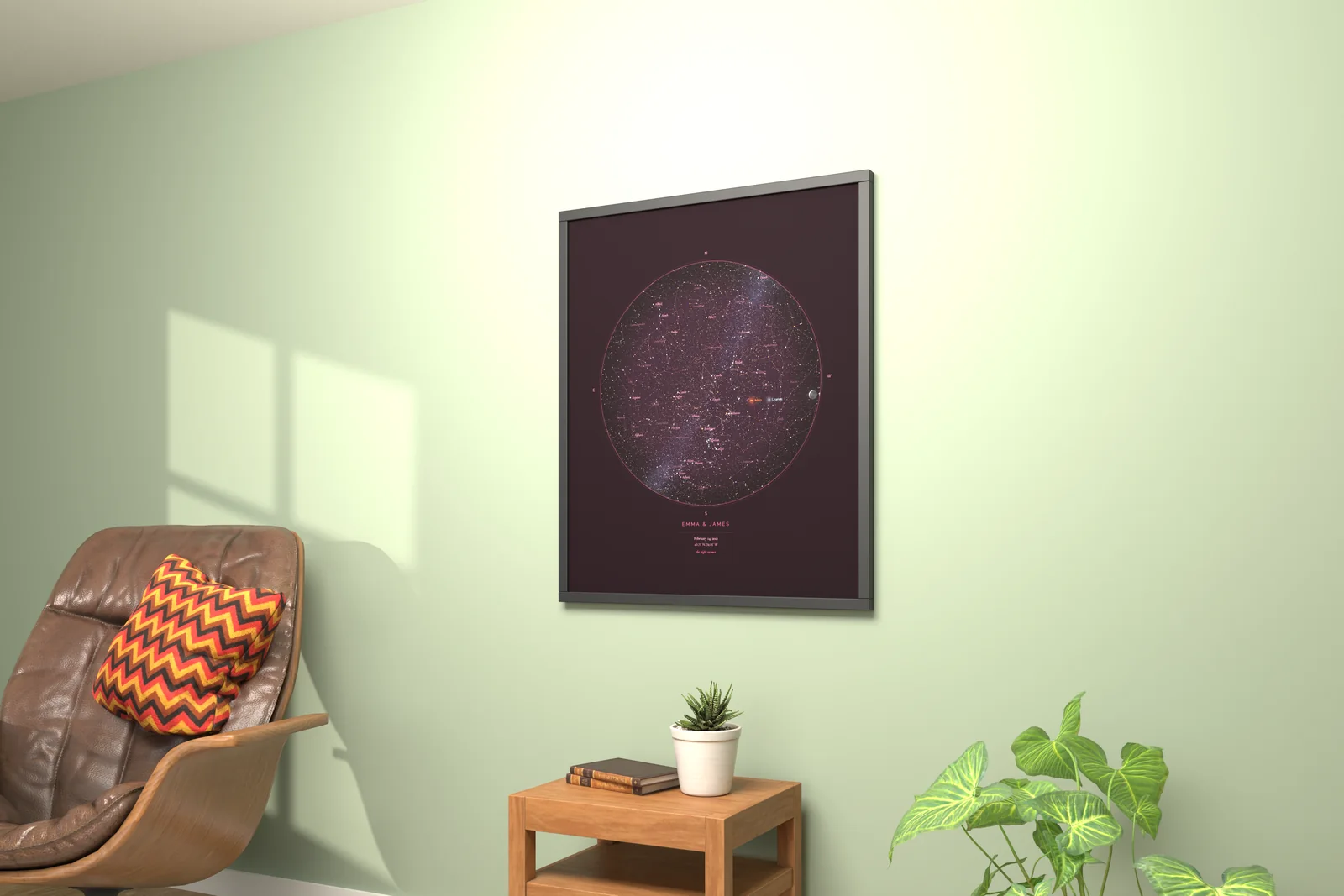 StarMap print framed in a reading nook, above a leather armchair