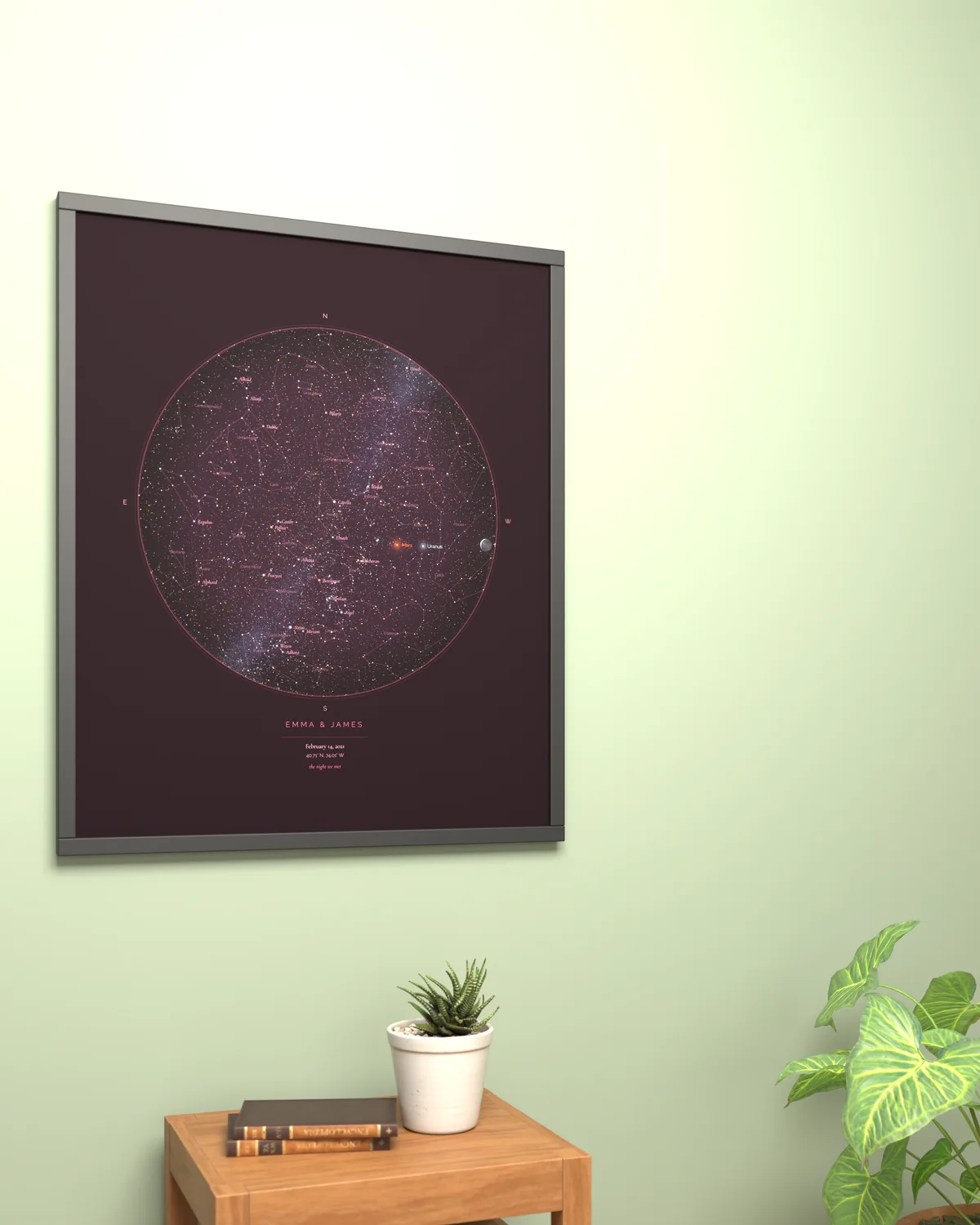 Up close: StarMap print framed in a reading nook
