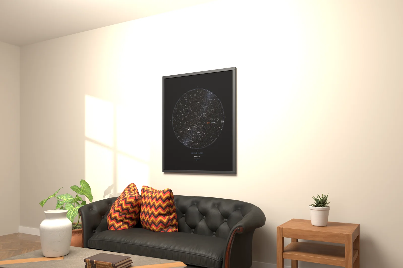 StarMap print framed in a living room, above a sofa with cushions