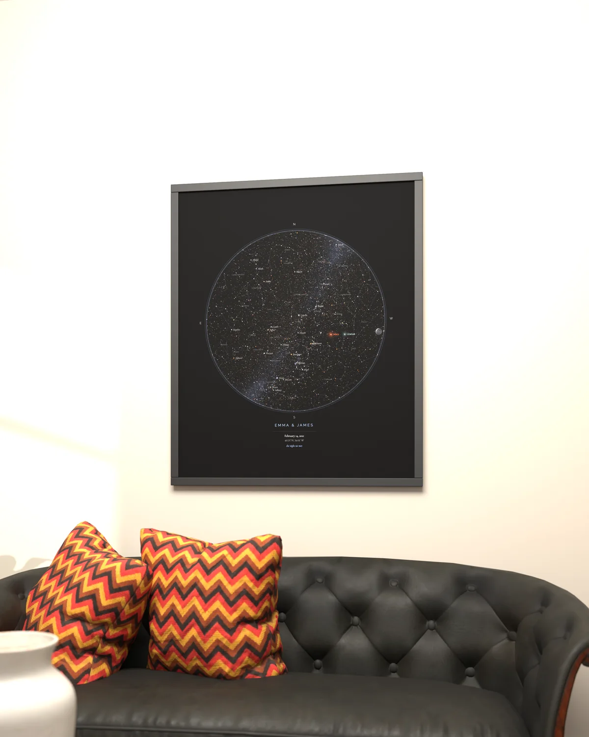 Up close: StarMap print framed in a living room