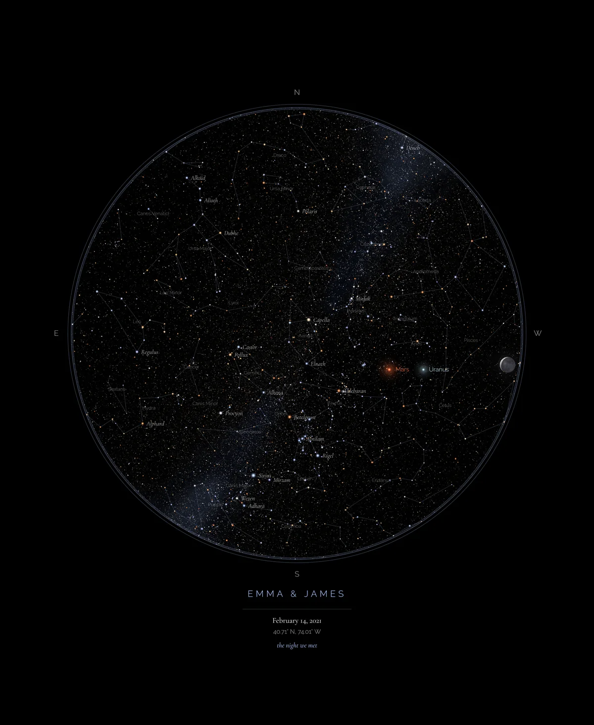 Complete star map in the Black style: the sky over New York on February 14, 2021, with the names of stars, constellations and planets