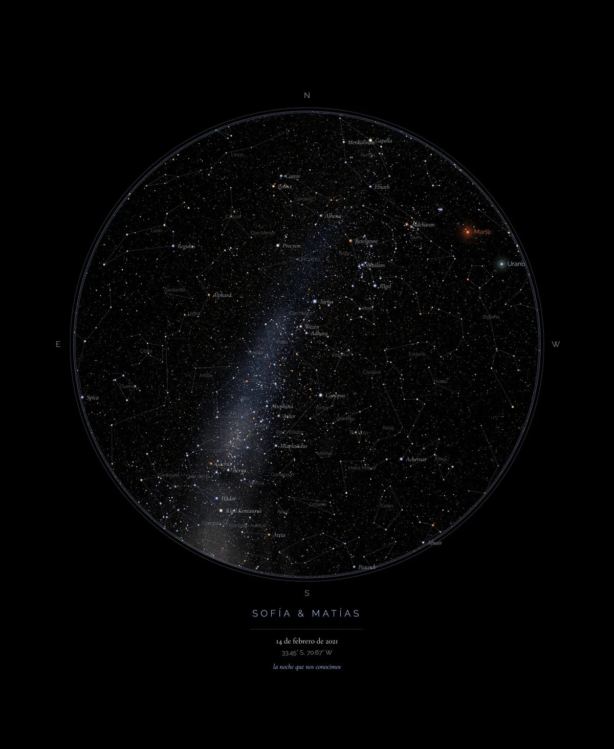 Mapa estelar completo en estilo Negro: el cielo del 14 de febrero de 2021 sobre Santiago, con los nombres de estrellas, constelaciones y planetas